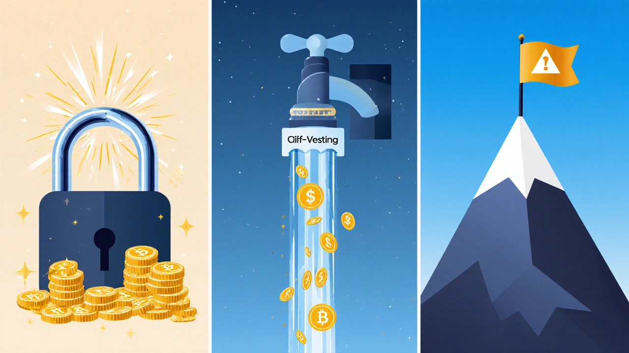 Drei Szenen zeigen Cliff‑, Linear‑ und Meilenstein‑Vesting mit fließenden Tokens.