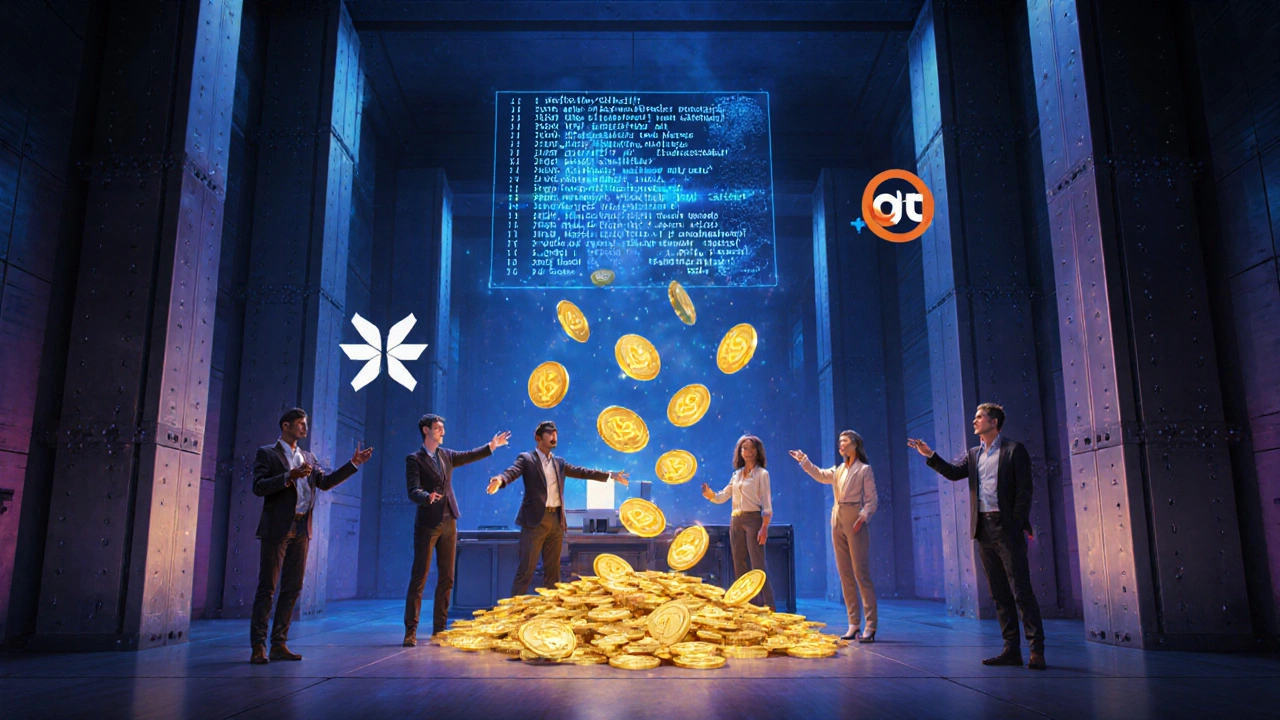 Futuristischer Tresor, Hologramm‑Smart‑Contract, Tokens werden an Teammitglieder verteilt.