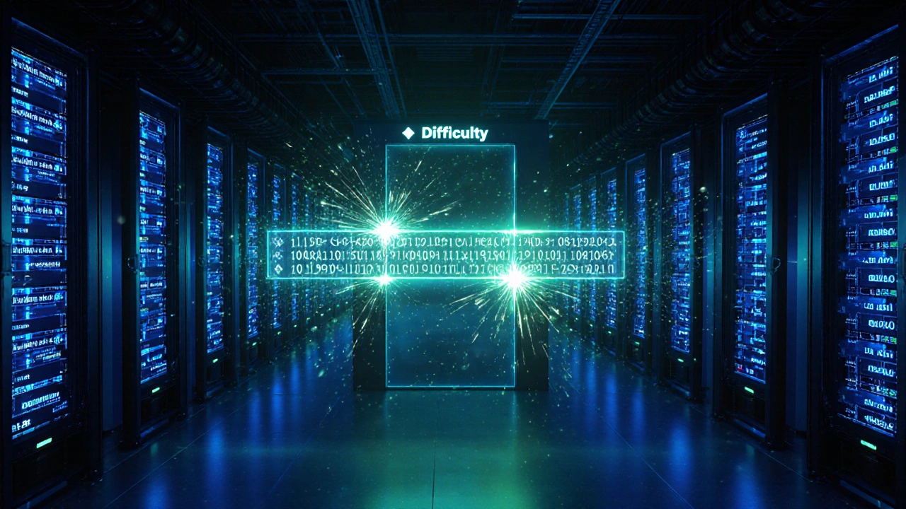 Mining‑Farm bei Nacht, GPU‑Rigs und holographische Schwierigkeitsanzeige.