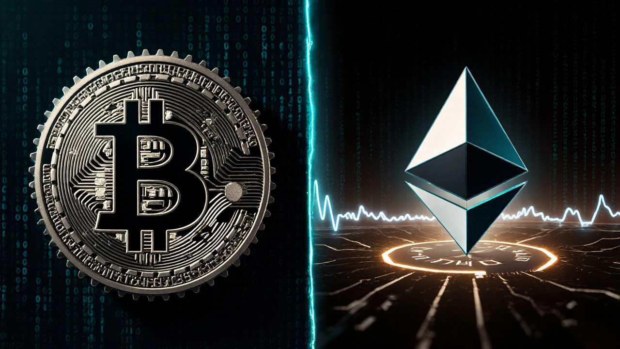 Vergleich: langsames Bitcoin‑Zahnrad vs. schnelles Ethereum‑Puls‑Layout.