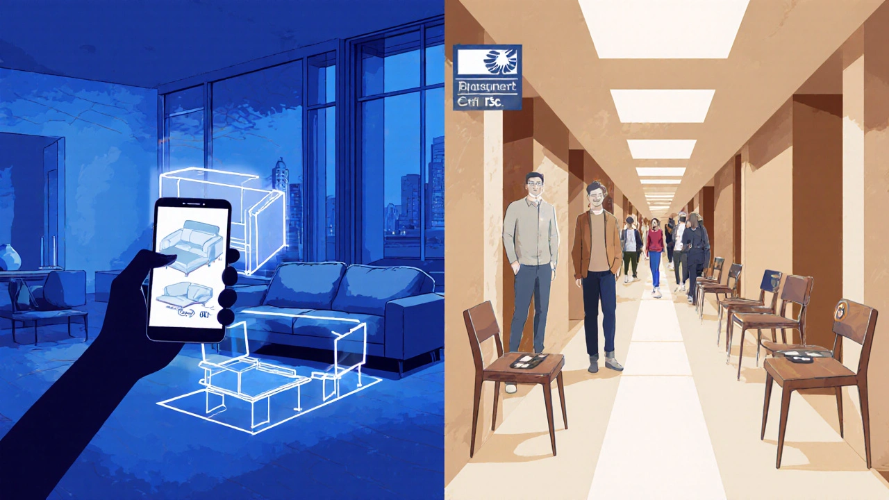 AR‑App projiziert ein Sofa im Wohnzimmer, während im anderen Bild Kunden im Laden Möbel prüfen.