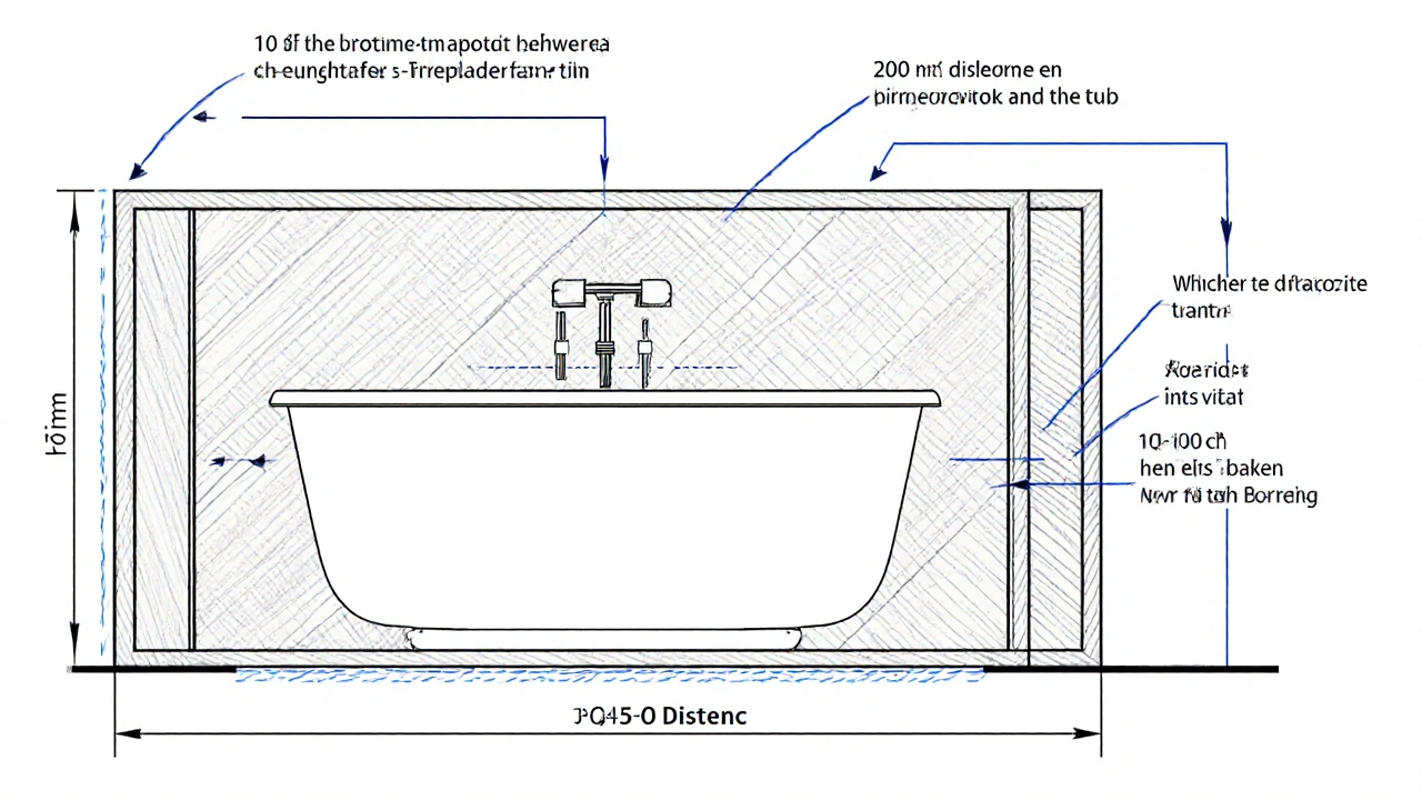 Architekturzeichnung mit Abständen von 200 mm und 250 mm zu Wand und Rohren im Bad.
