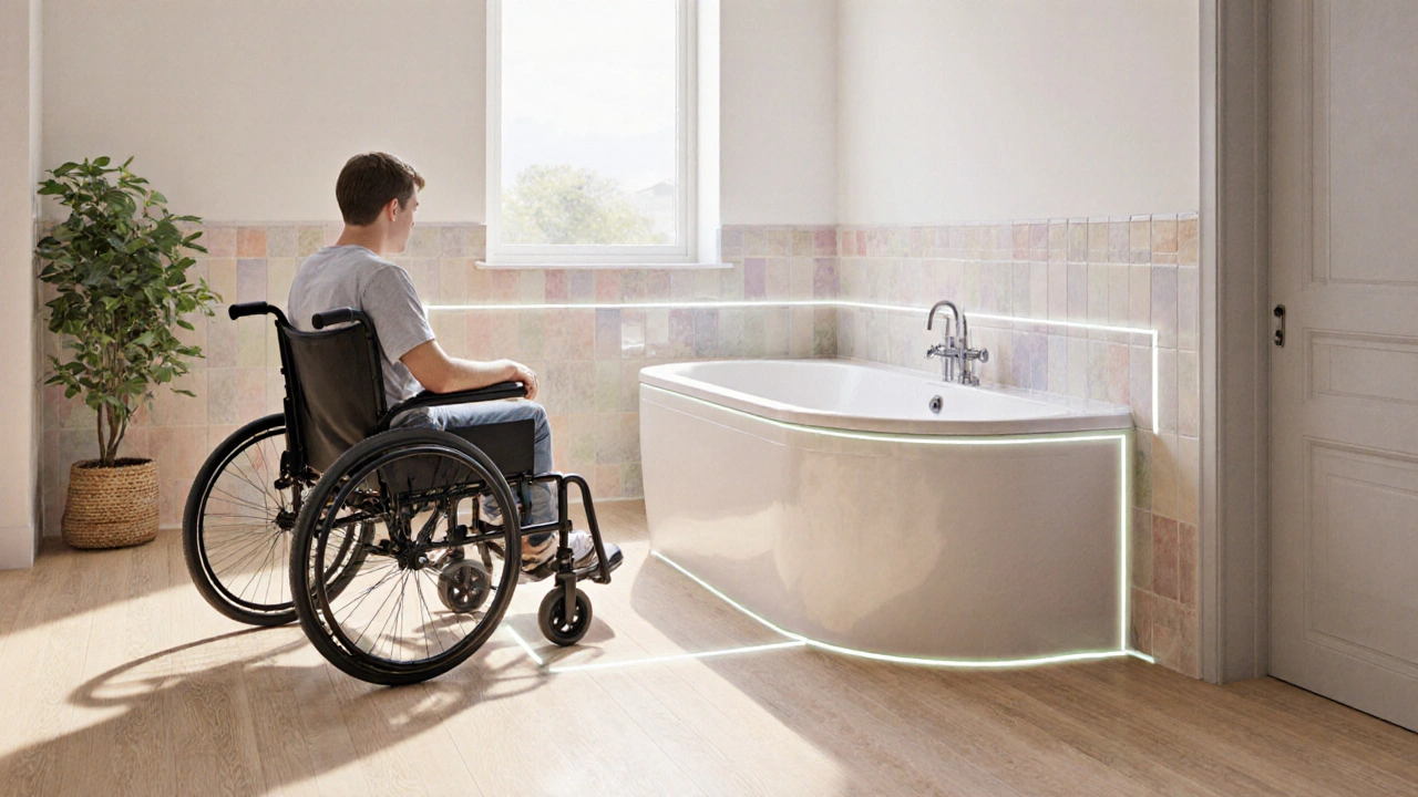 Barrierefreies Bad mit rollstuhlfreundlicher Badewanne und 120 cm freier Rundumfläche.