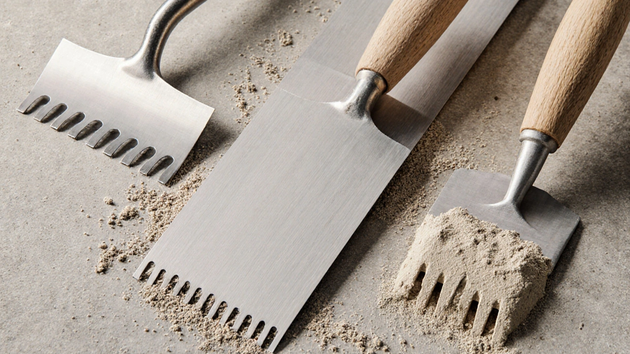 Drei verschiedene Maurerwerkzeuge: Spachtel, Kelle und Zahnkelle mit Kleberrippen auf Beton.