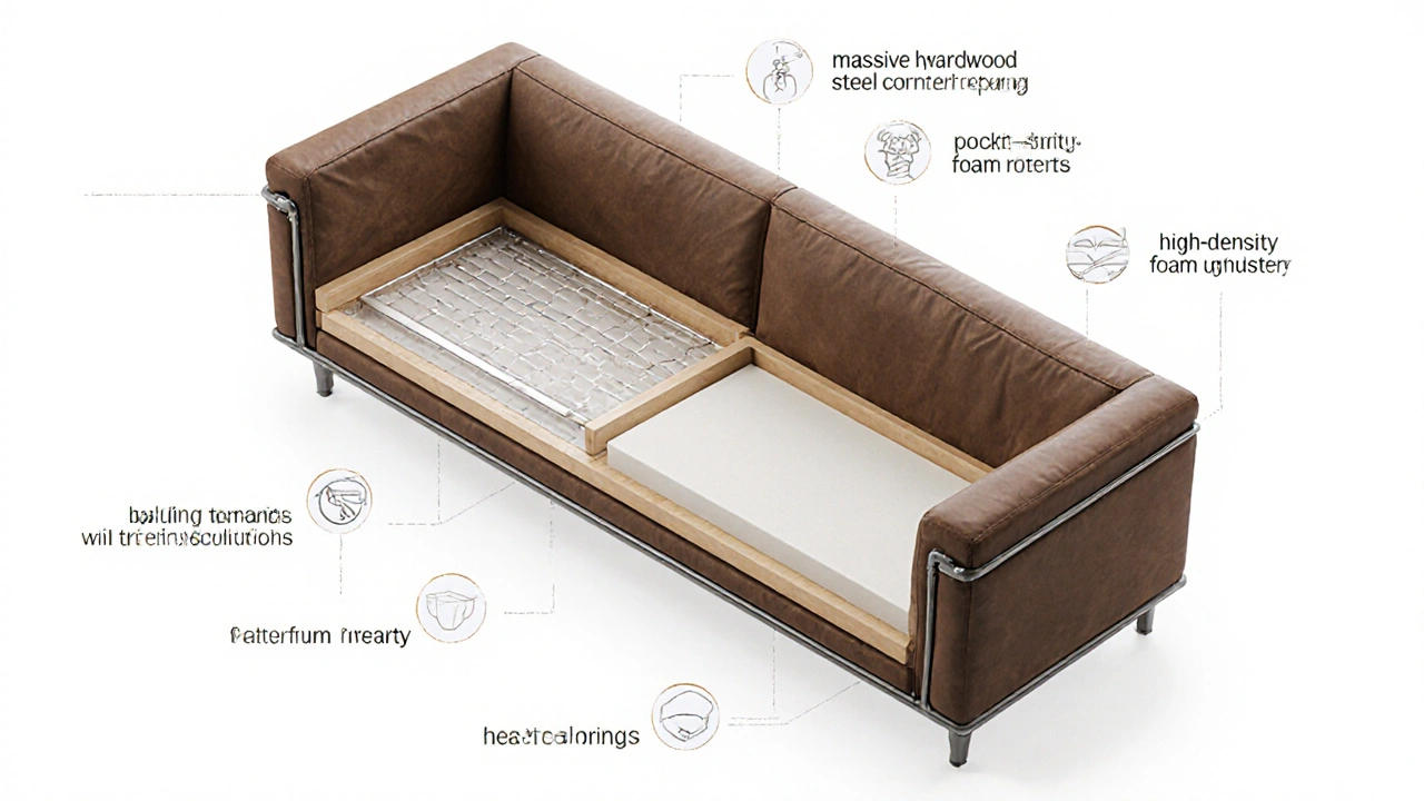 Durchgeschnittene Ansicht eines Sofas mit Rahmen, Federn, Schaum und Bezug.