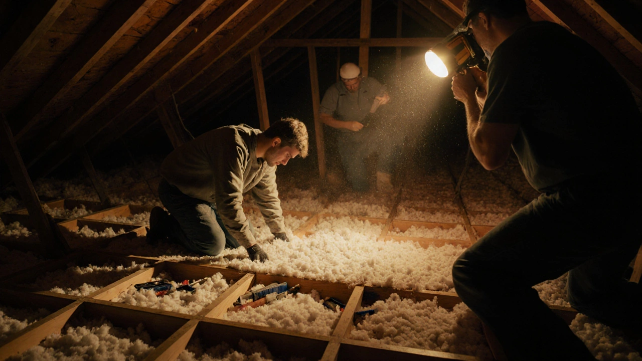 Ein Heimwerker dämmt den Dachboden, während ein Fachmann mit Wärmebildkamera unsichtbare Feuchtigkeit erkennt.