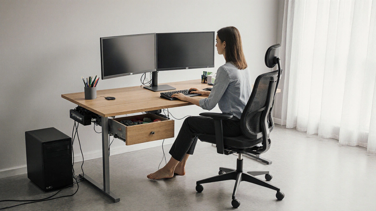 Ergonomischer Arbeitsplatz mit 160 cm Tisch, Monitoren auf Augenhöhe und sauberer Kabelorganisation.