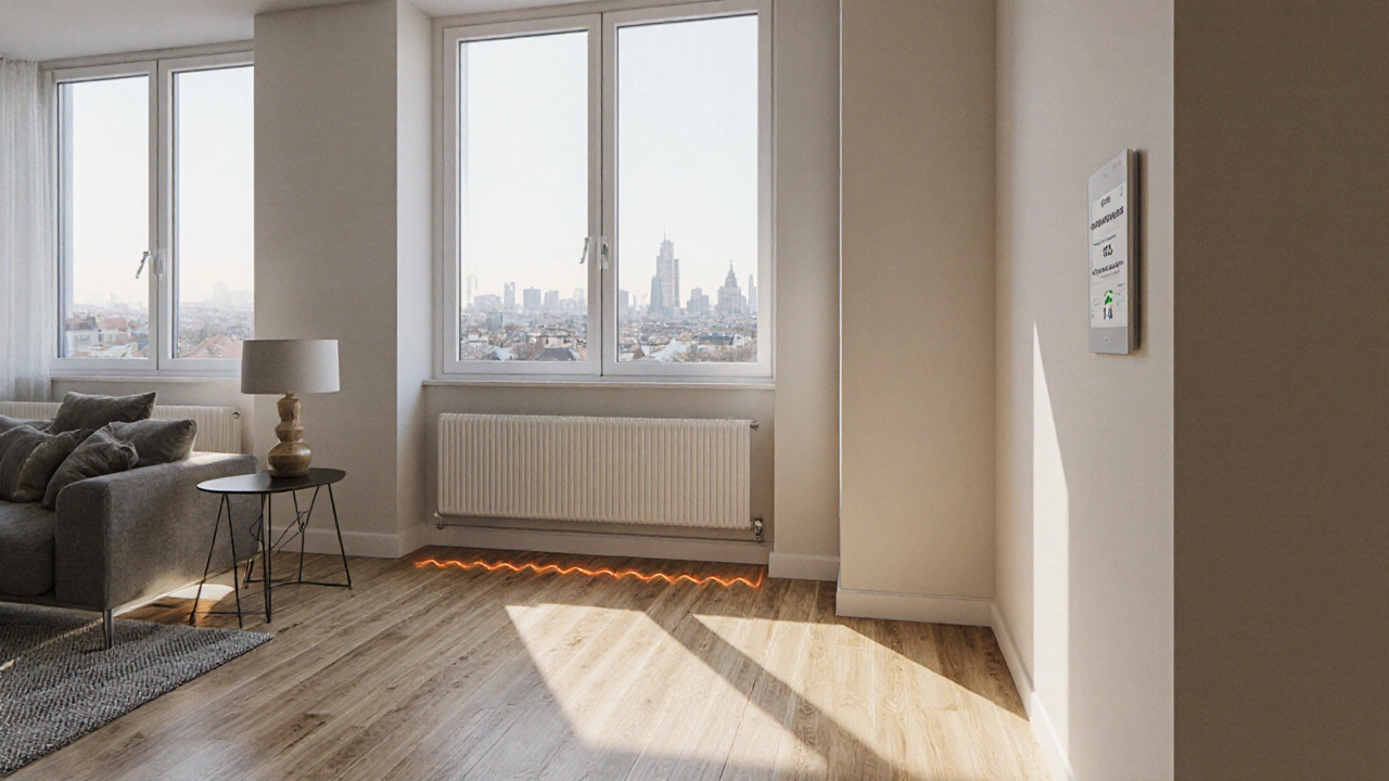 Fertig renovierte Wohnung mit großen Fenstern, modernem Boden und Smart‑Home‑Panel.