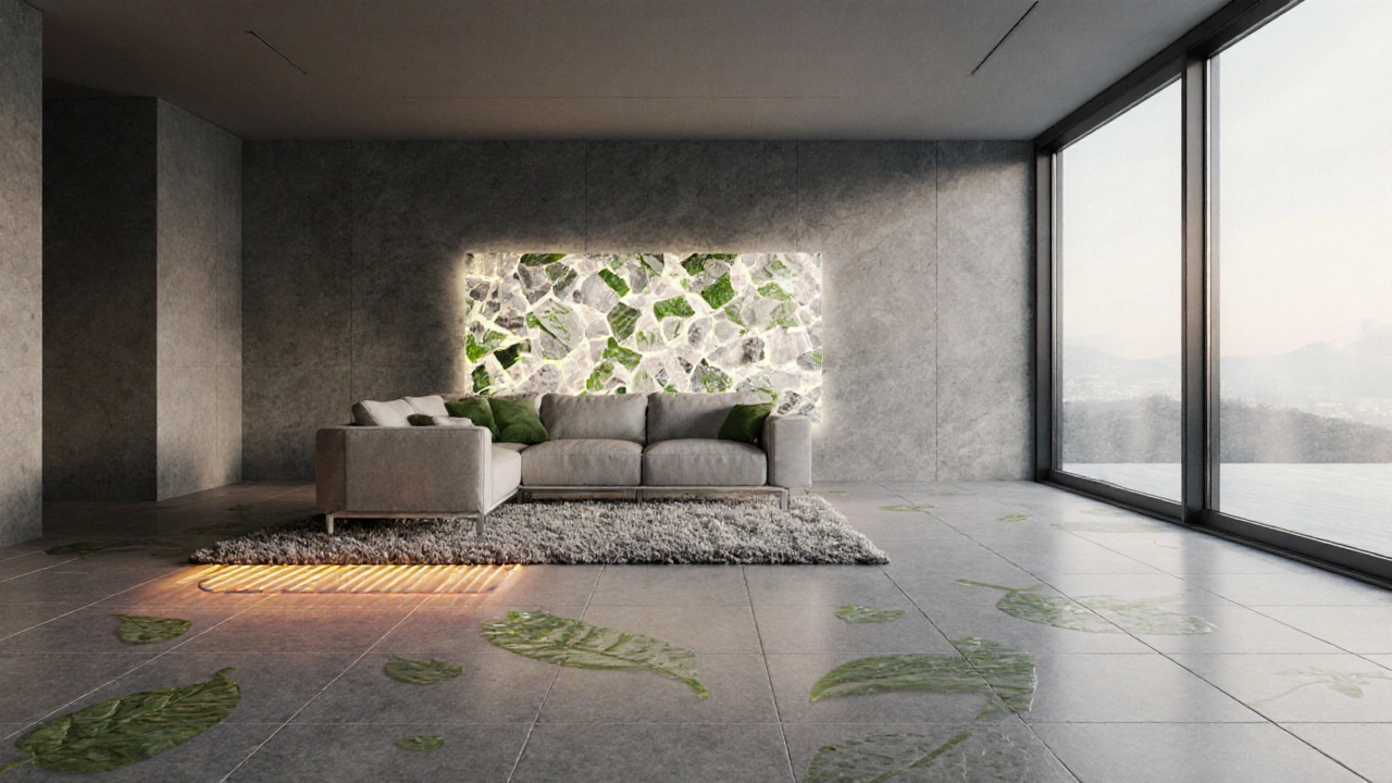 Futuristischer Raum mit Fußbodenheizung unter zeitlosen Fliesen, nachhaltige Produktion symbolisch.
