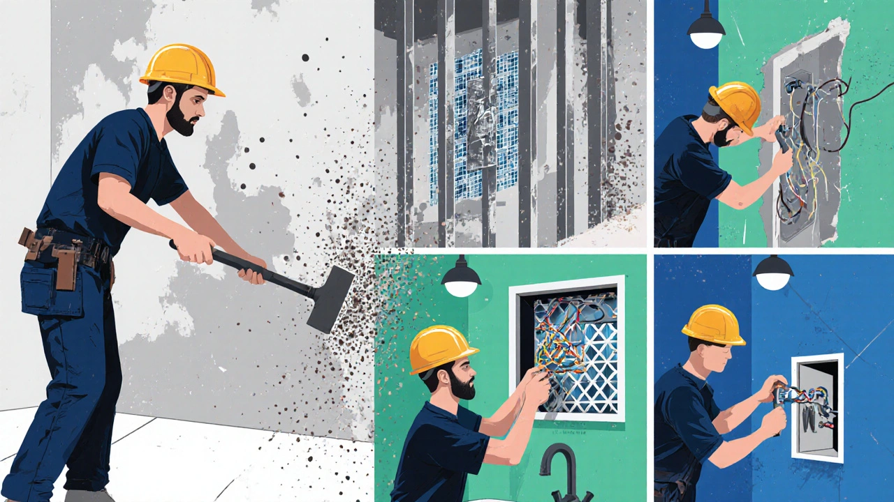 Handwerker führen Abbruch, Trockenbau, Fliesenlegen, Elektro und Sanitär aus.