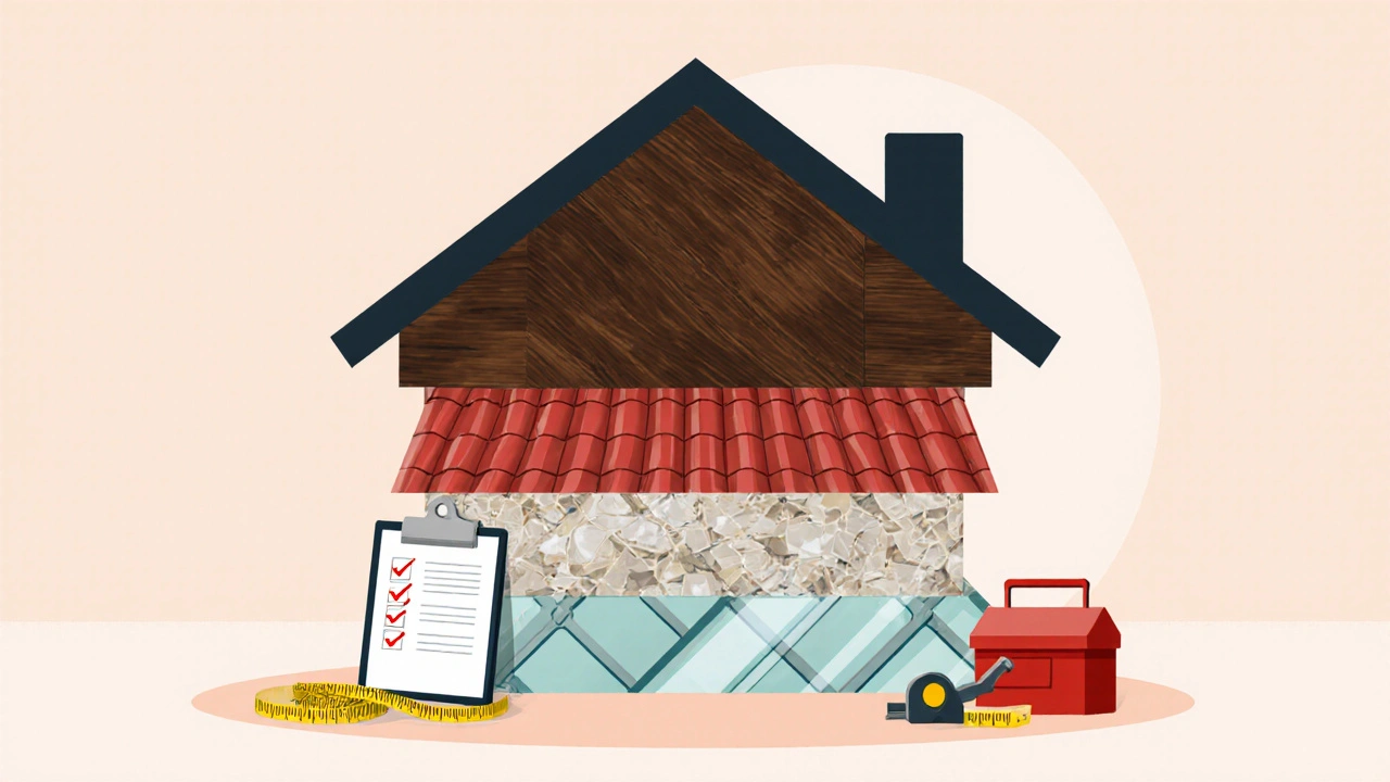 Haus‑Umriss, gefüllt mit gestapelten Schichten aus Küchenmöbeln, Badfliesen und Dacheindeckungen als Kostenmetapher.