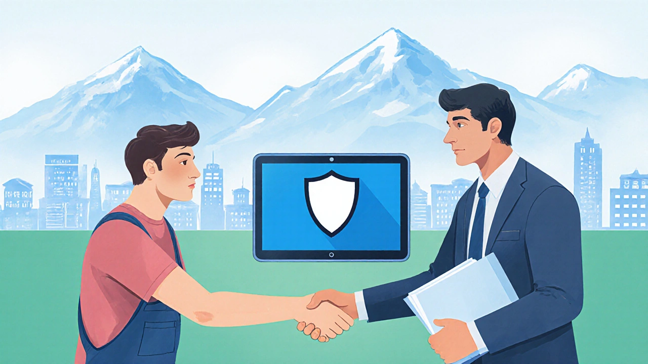 Hausbesitzer und Handwerker schließen Streit, schütteln Hände über Tablet mit Schutzschild.