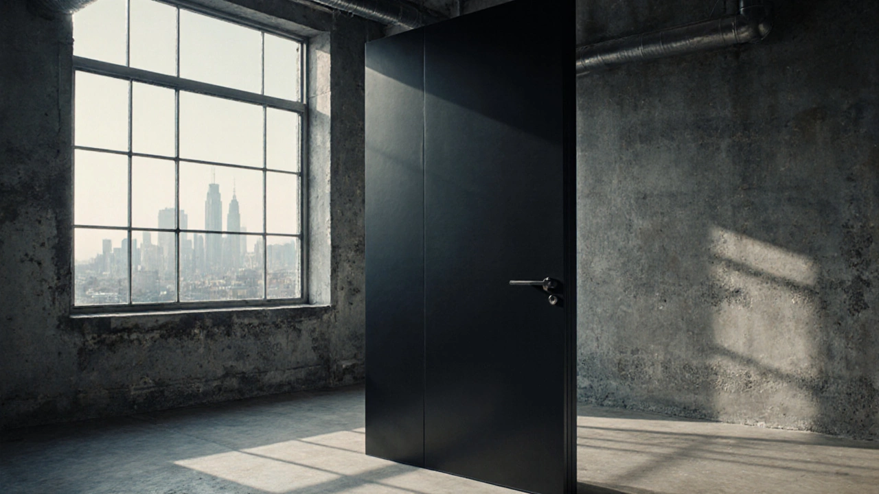 Industrie‑Loft mit grauen Betonwänden und einer matten schwarzen Metalltür im Vordergrund.