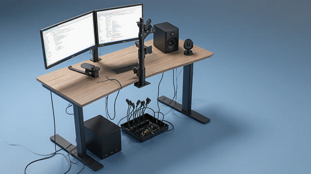 Isometrische Ansicht eines ergonomischen 3‑Monitor‑Setups mit Monitorarmen und Kabelmanagement.