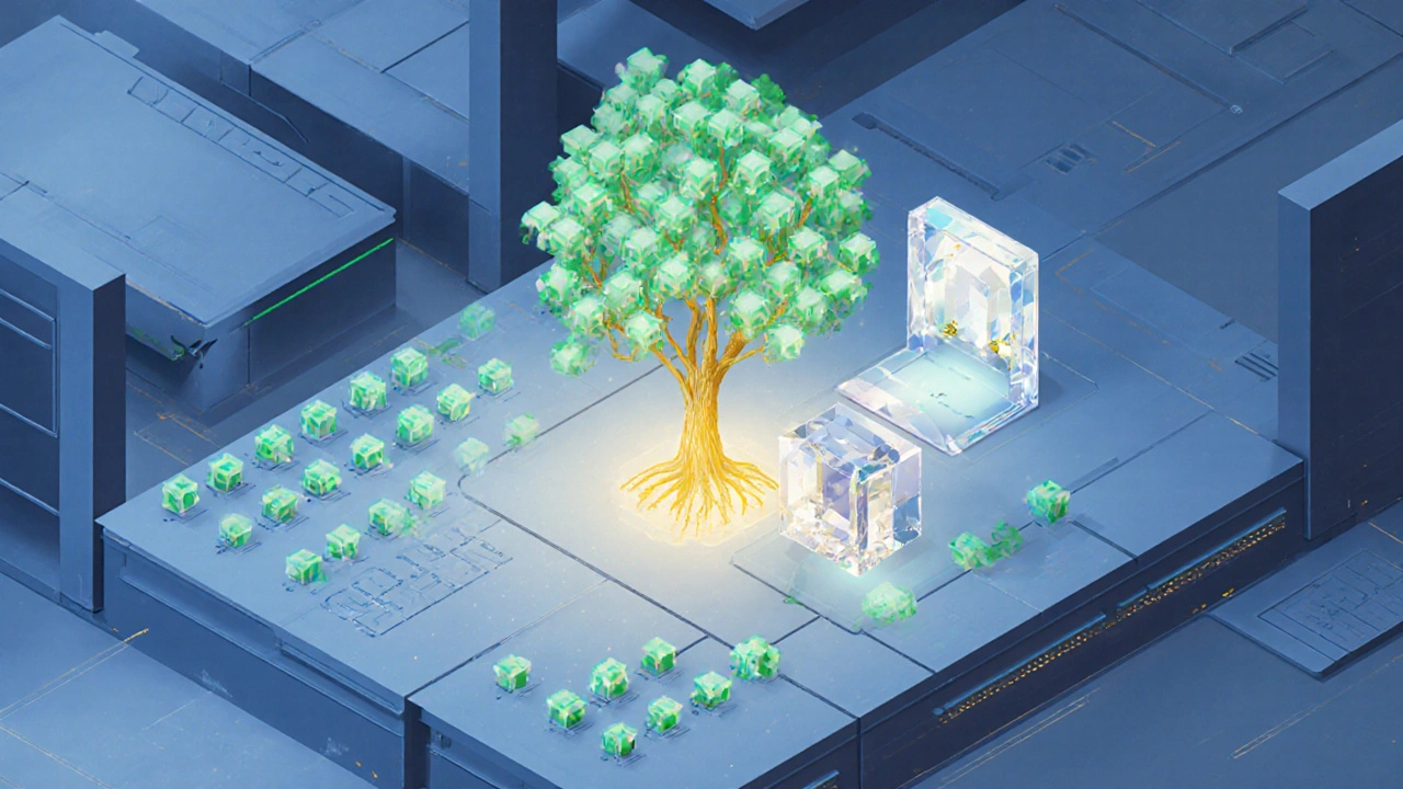 Isometrische Ansicht eines Sequenzers, der einen Merkle‑Baum mit SNARK‑ und STARK‑Kristallen erstellt.