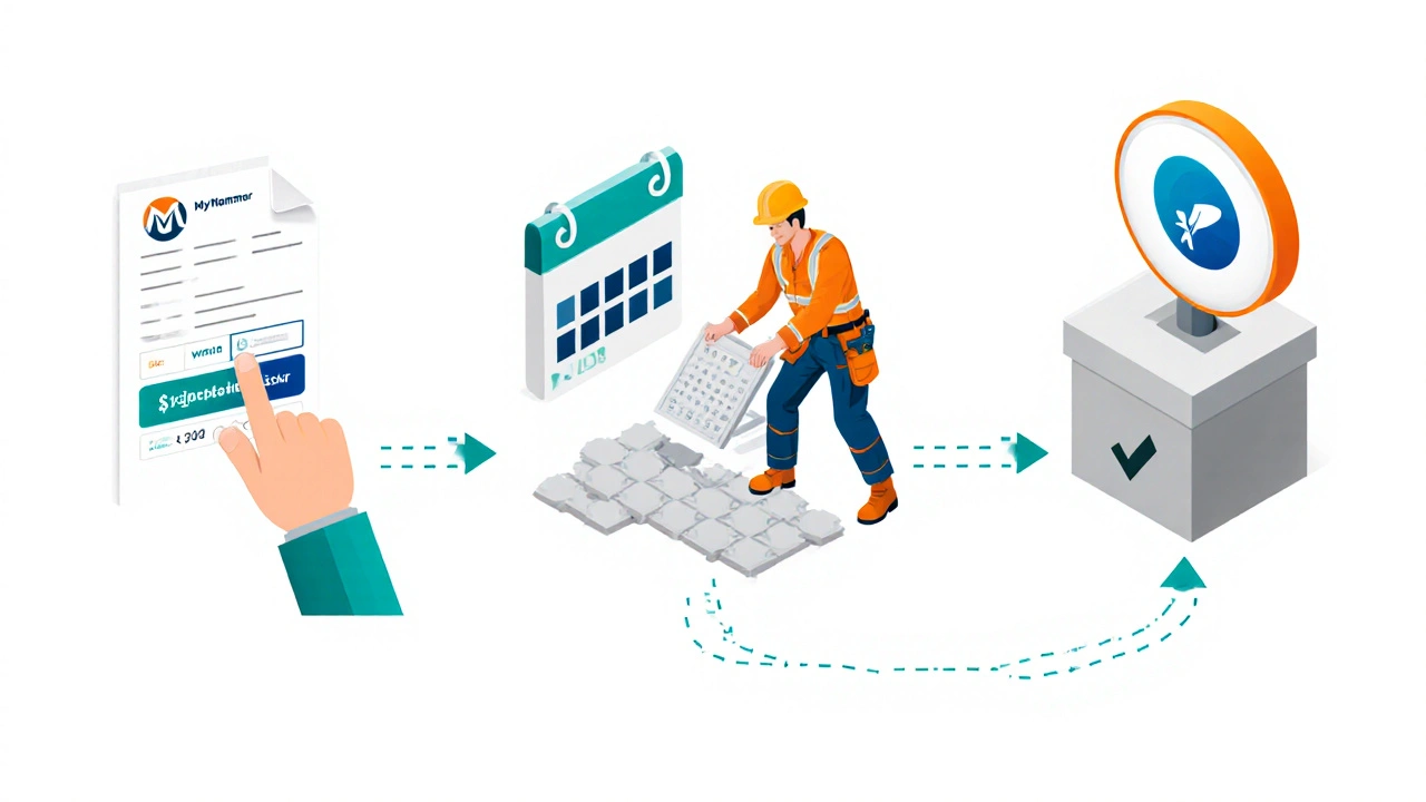 Isometrische Darstellung: Rechnung, Zahlung, Handwerker, Freigabe des Escrow-Geldes.