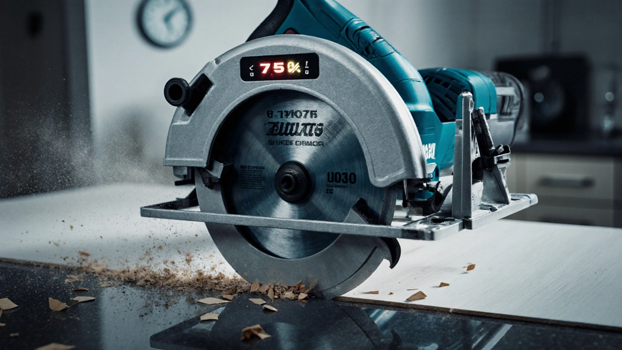 Kabel‑loser Kreissäge schneidet eine Küchenarbeitsplatte, dabei fliegen Holzspäne.