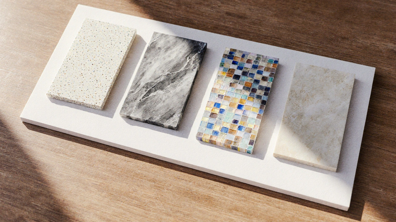 Kunstvolle Anordnung von fünf unterschiedlichen Fliesenarten als Musterprobe.