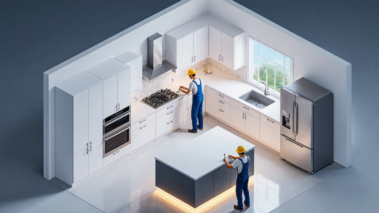 Moderne Küchenrenovierung mit neuen Schränken, Geräten und Handwerkern beim Einbau.