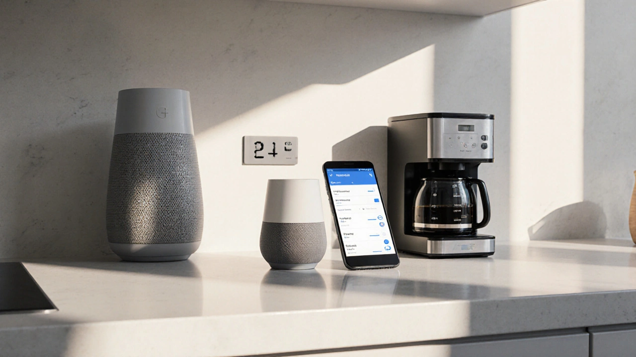 Morgenroutine mit Google Assistant: Thermostat und Kaffeemaschine aktivieren sich per Sprachbefehl.