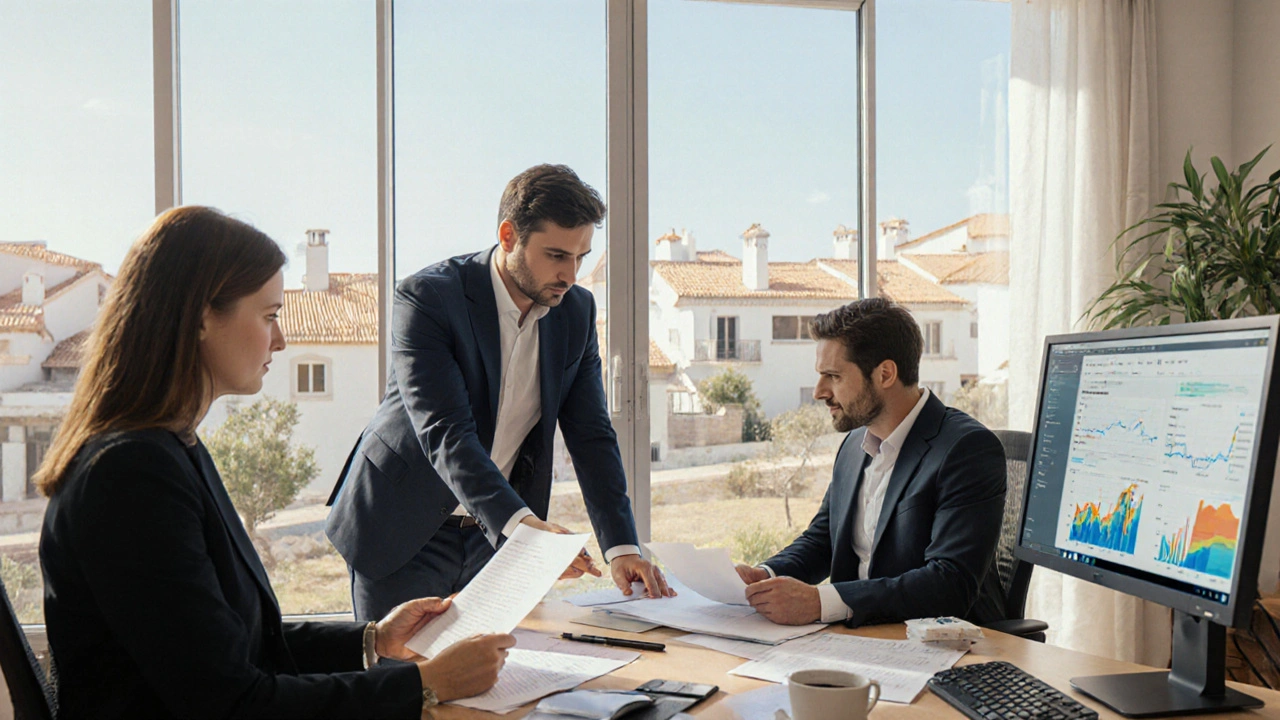 Multikulturelles Team in Büro mit Anwalt, Verwalter und Steuerberater vor Auslandsimmobilien.