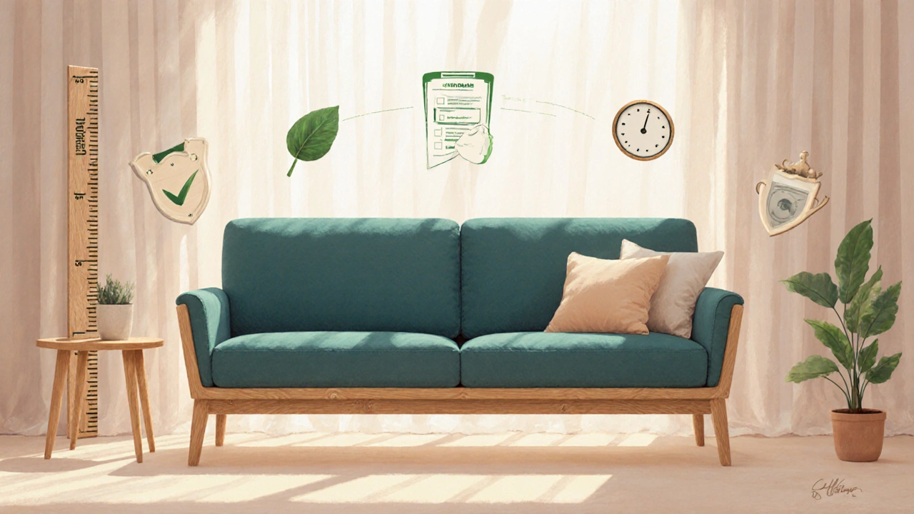 Nachhaltiges Sofa aus FSC‑Holzrahmen und recyceltem Stoff, umgeben von Pflege‑Checklisten‑Symbolen.