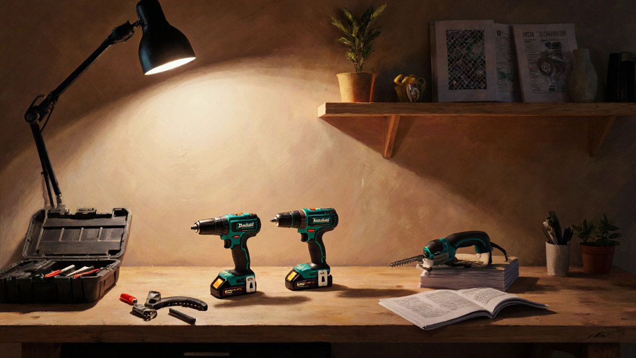 Ordentlicher Arbeitstisch mit Akkuschrauber, Akkuschraubendreher, Akku‑Stichsäge und fertig montiertem Regal.