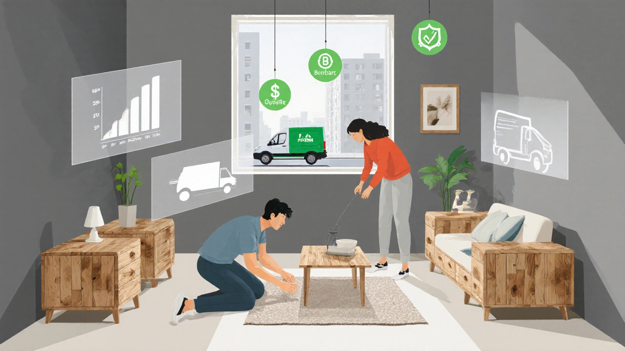 Paar richtet ein modulares, umweltfreundliches Möbelstück in kleiner Wohnung mit AR‑Hilfe ein.