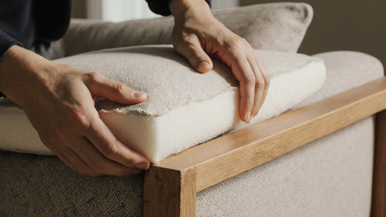 Person prüft Sofazustand, drückt Kissen, untersucht Nähte und horcht auf Geräusche.