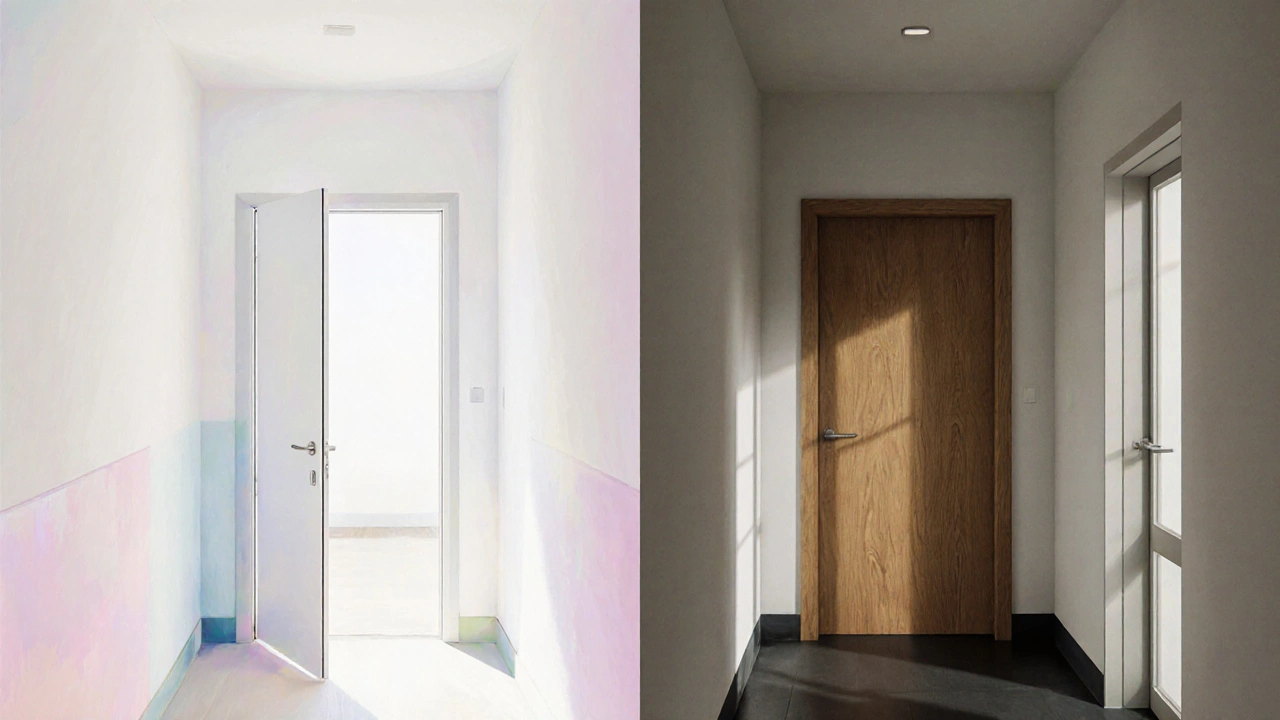 Split‑screen comparison of a frameless door versus a traditional framed door in a corridor.
