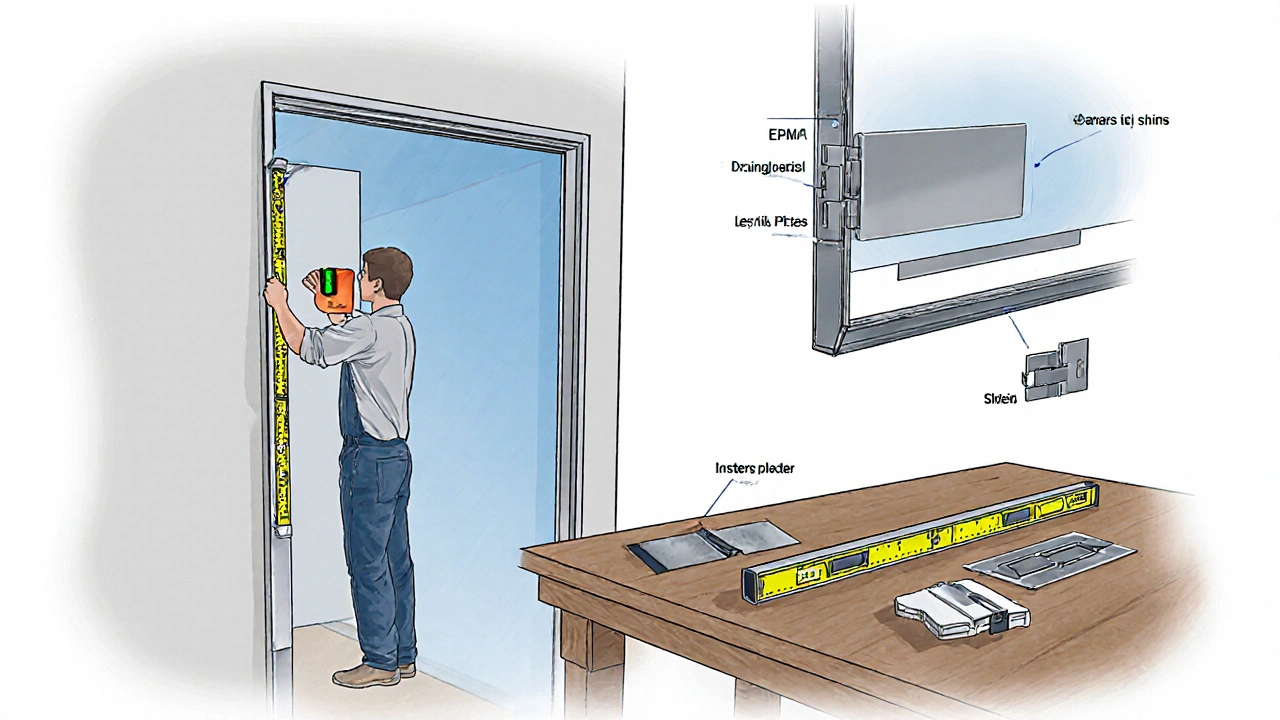 Technical illustration of craftsmen installing a frameless door with metal profiles and seal strips.