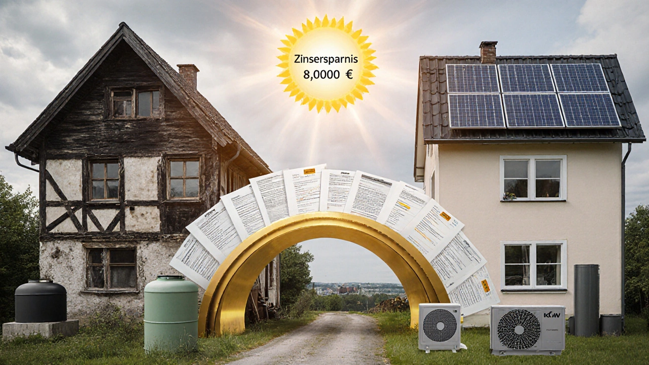 Transformation eines alten Hauses in ein energieeffizientes Zuhause mit goldenem Dokumentenbrücke und Zinsersparnis.