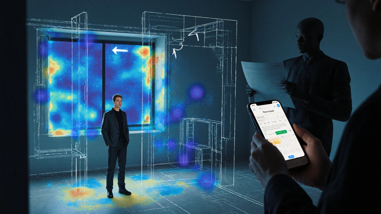 Transparenz-Grundriss einer Wohnung mit Wärmebrücken und Smart-Sensor-App.