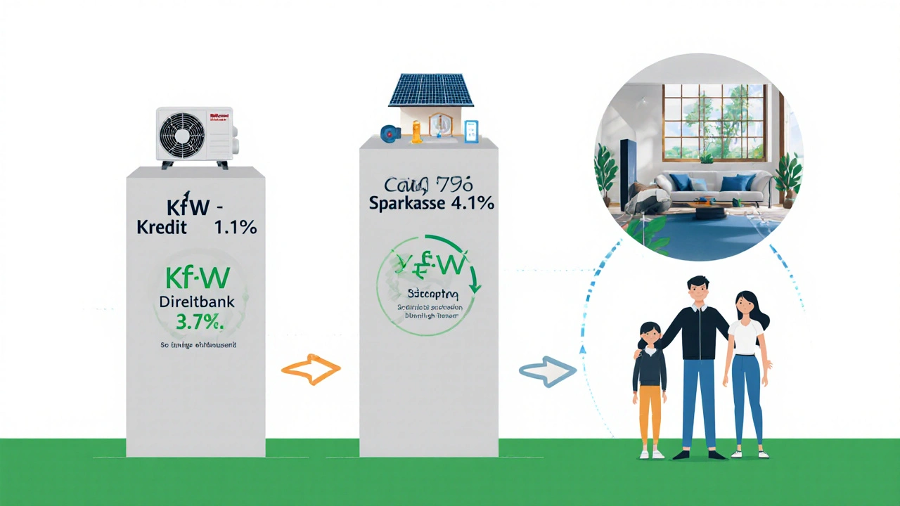 Vergleich der Renovierungskredit-Anbieter KfW, ING und Sparkasse mit Icons für Energieeffizienzmaßnahmen.