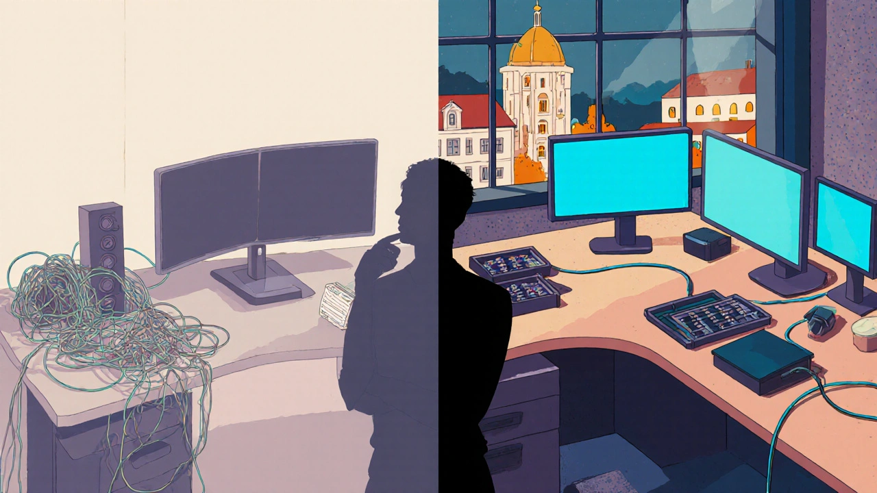 Vergleich: ein Monitor vs. drei Monitore auf ordentlichem Schreibtisch, Entscheidungsszene.