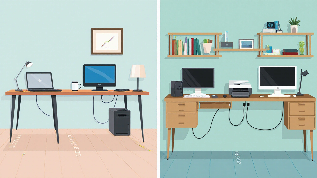 Vier Räume zeigen Schreibtische in Standardgrößen mit jeweiligen Geräten und Zubehör.