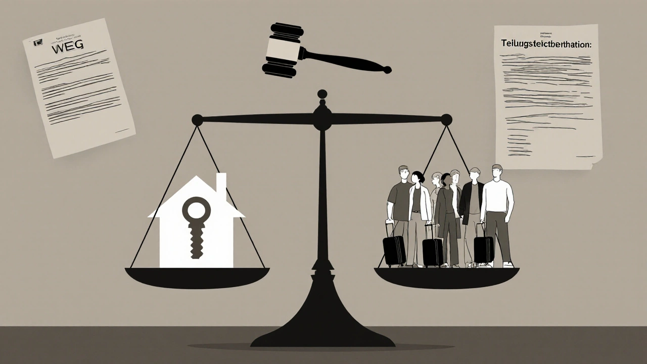 Waage mit Schlüssel und Touristen, symbolisiert das rechtliche Gleichgewicht bei Ferienvermietung.