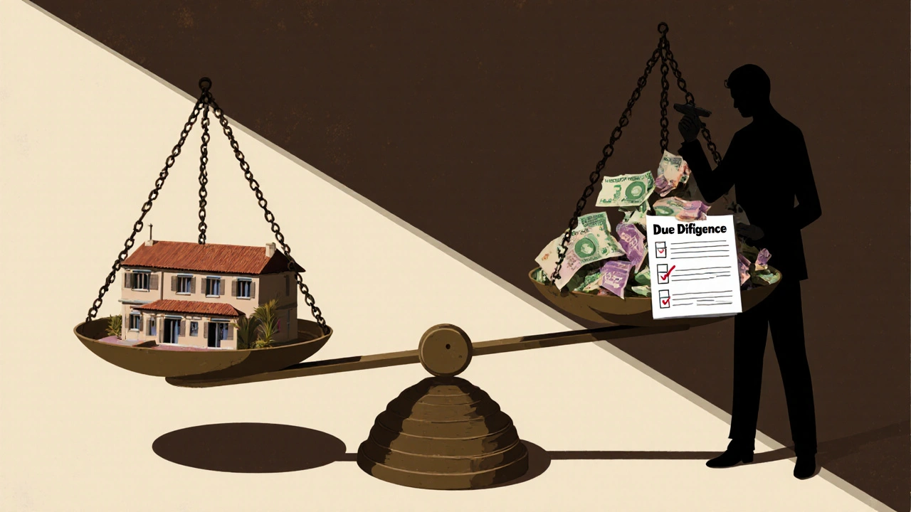 Waage mit Villa und zerfallenden Währungsscheinen, ein Anwalt hält die Waage ausgleichend.