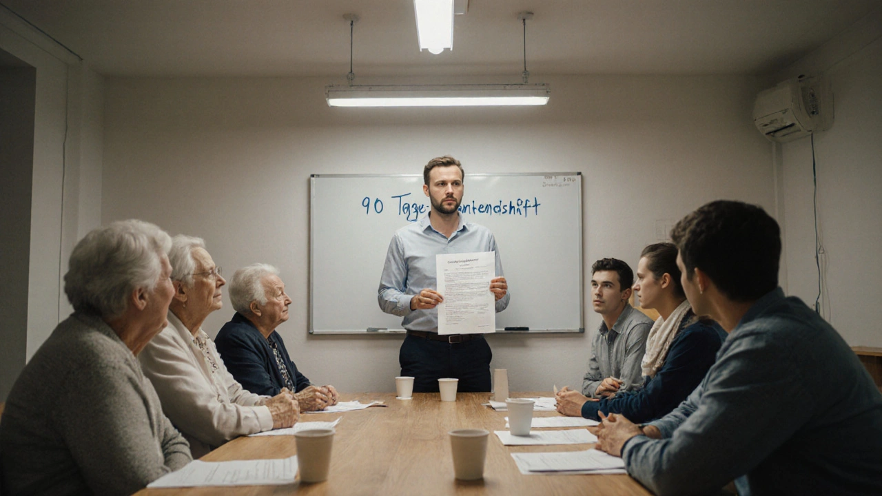 Wohnungseigentümer treffen sich in einer Versammlung, um Kurzzeitvermietungen zu besprechen.
