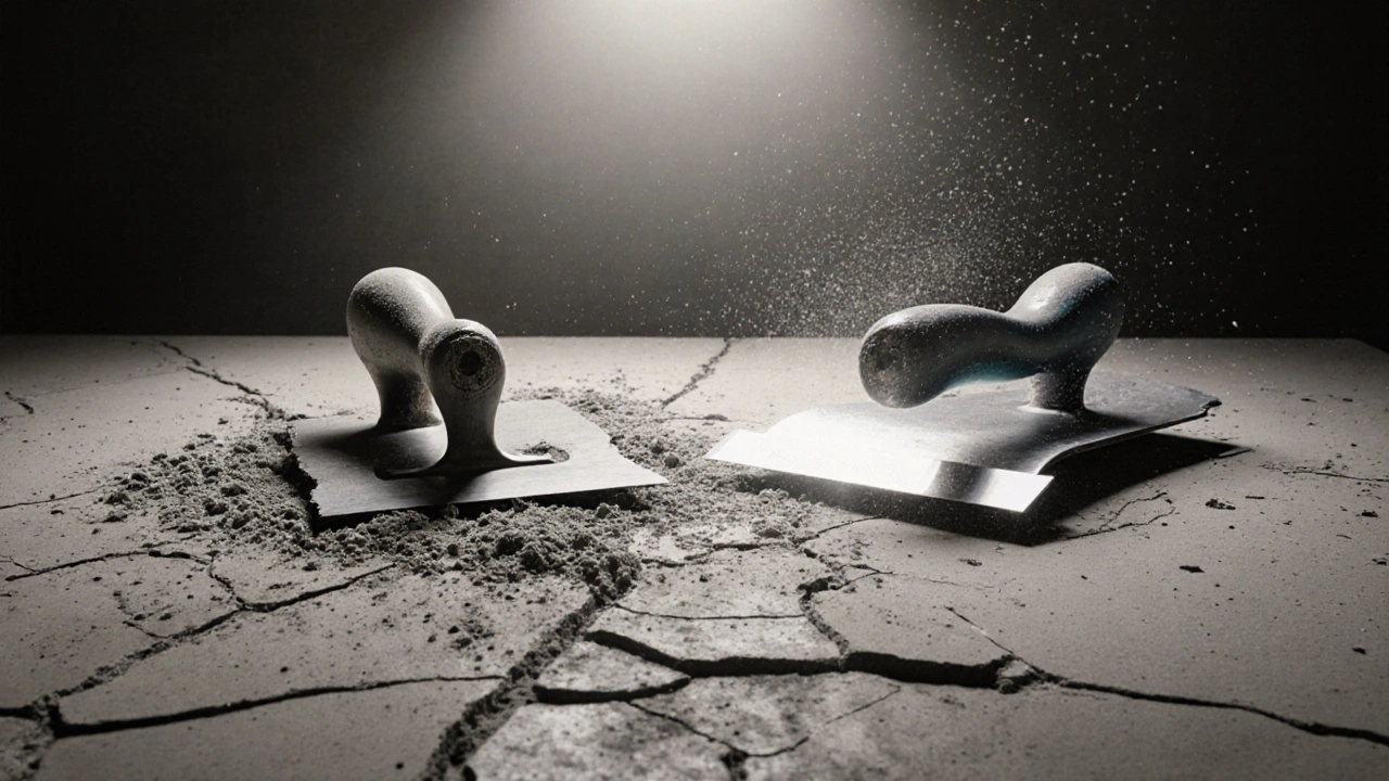 Zerbrochene billige Kelle neben einer hochwertigen, glänzenden Kelle auf Werkbank.