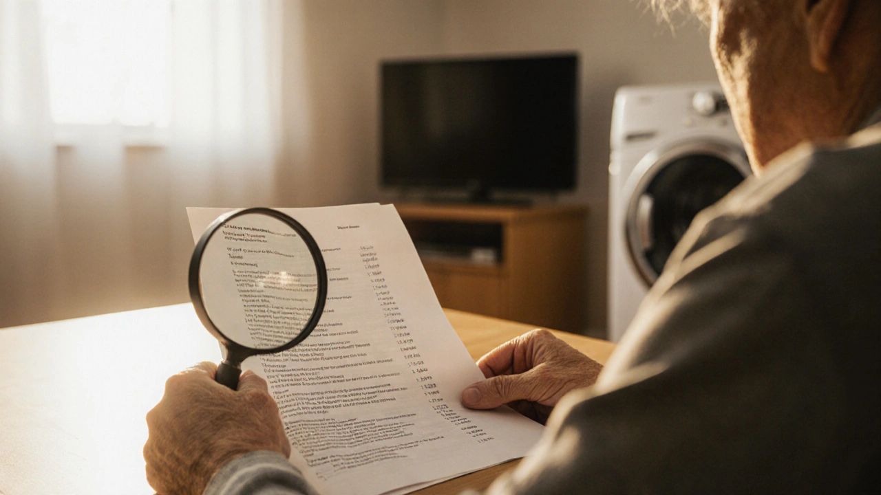 Ältere Person liest Finanzrechnung mit Lupe, Fernseher und Waschmaschine im Hintergrund.