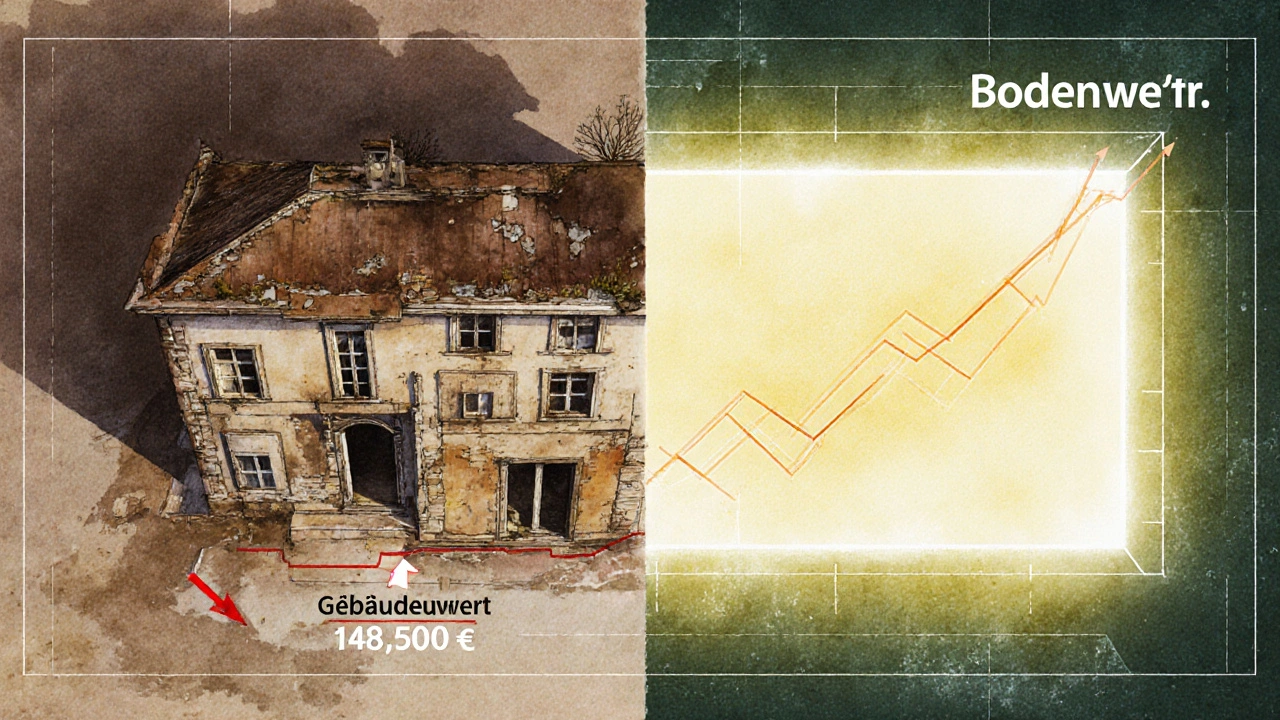Aufgesplittete Darstellung eines Hauses: links Gebäudewert, rechts Bodenwert mit Zahlen und Diagrammen.