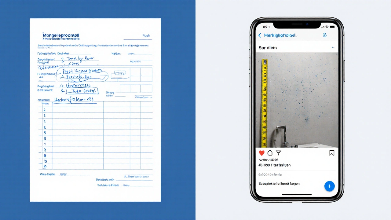 Aufgeteilte Ansicht: handschriftliches Mängelprotokoll und digital gespeicherte Fotos mit Zeitstempel.