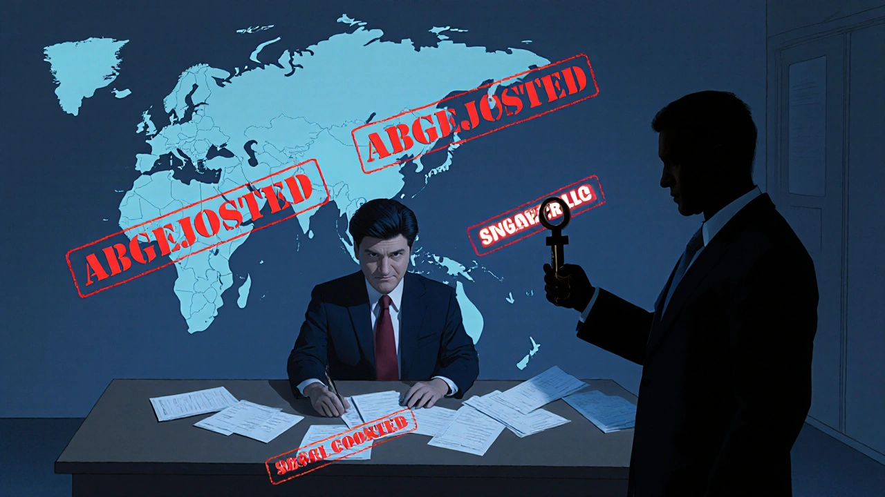 Chinesischer Investor mit abgelehnten Überweisungsformularen in einem Büro, europäische Karte im Hintergrund.