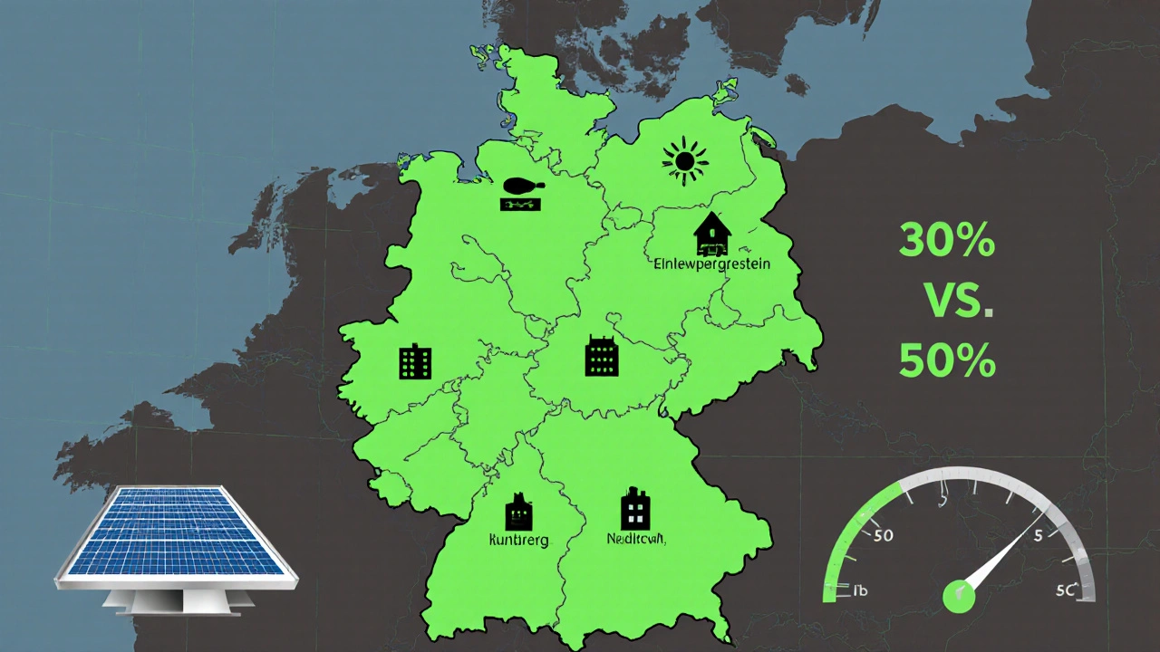 Deutschlandkarte mit acht Bundesländern, die Solarpflicht haben, hervorgehoben in Grün.
