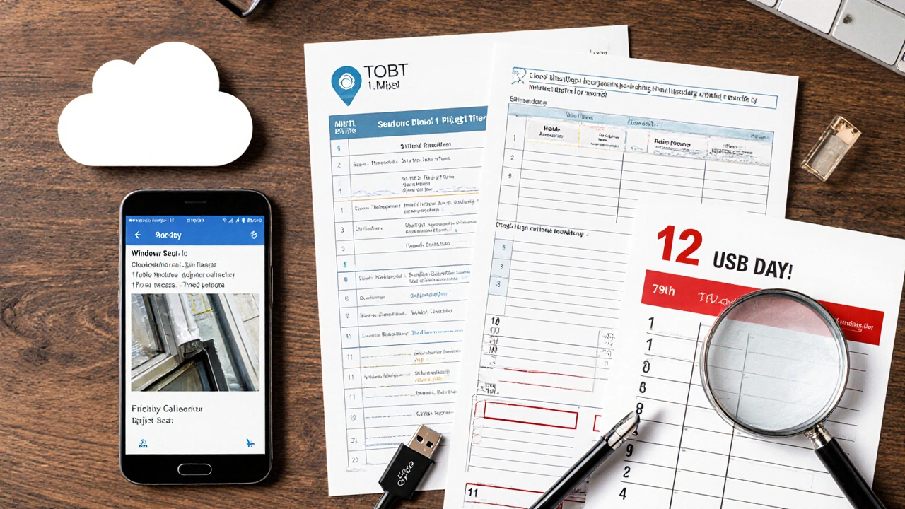 Digitaler Mängelprotokoll-Scan mit Fotos, Datumsstempeln und gedruckten Unterschriften auf einem Tisch.