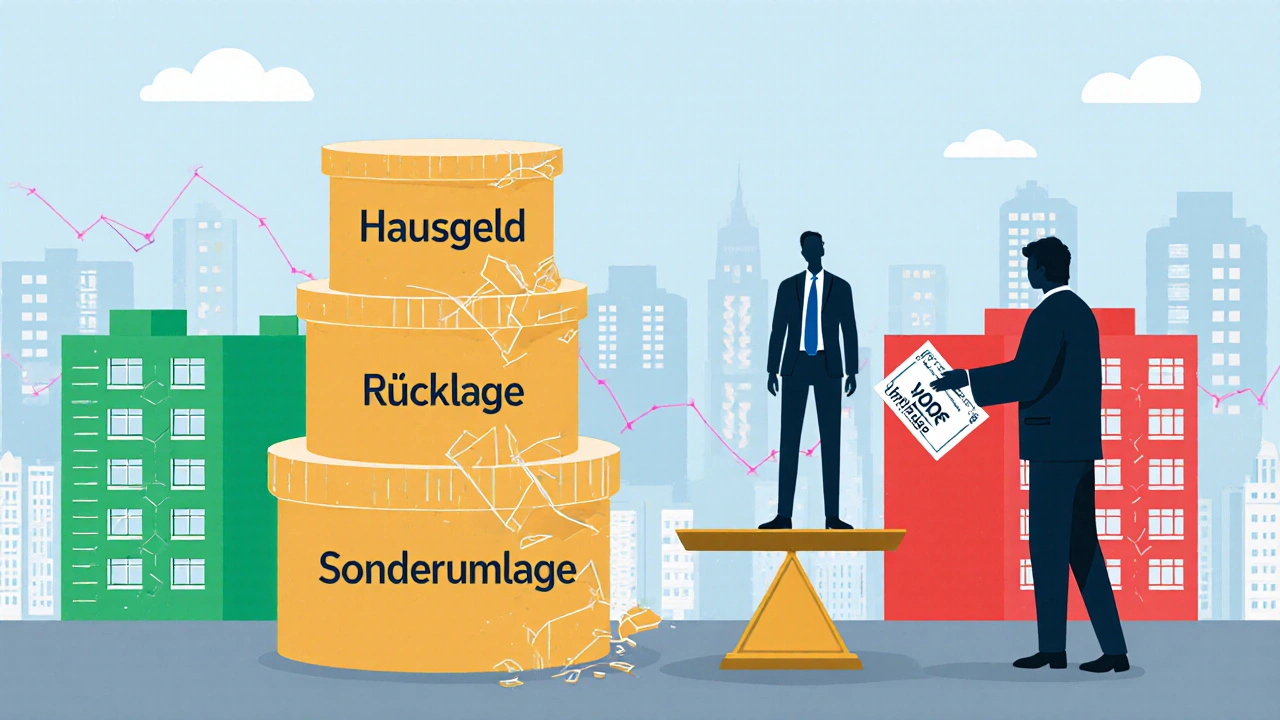 Drei Finanzsäulen einer Wohnungsgemeinschaft, wobei die Rücklagen-Säule bricht und der Wert der Wohnung sinkt.