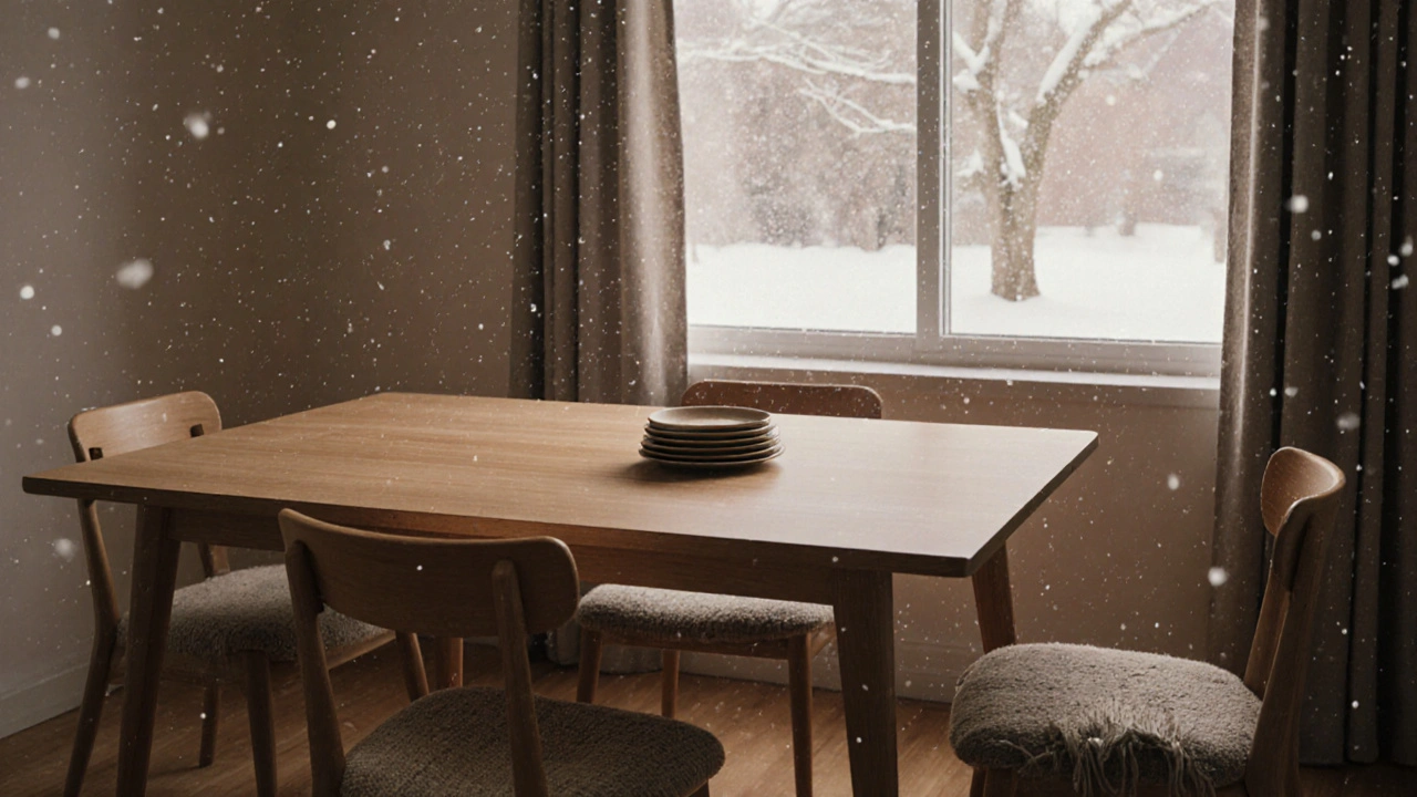 Ein minimalistisches Esszimmer im Japandi-Stil mit holzigen Möbeln und zarten Keramikplatten bei Dämmerlicht.