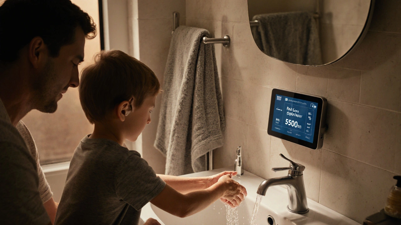 Familie im Badezimmer: Kind wäscht Hände unter Sensorhahn, Erwachsener beobachtet Wasserverbrauchsanzeige.