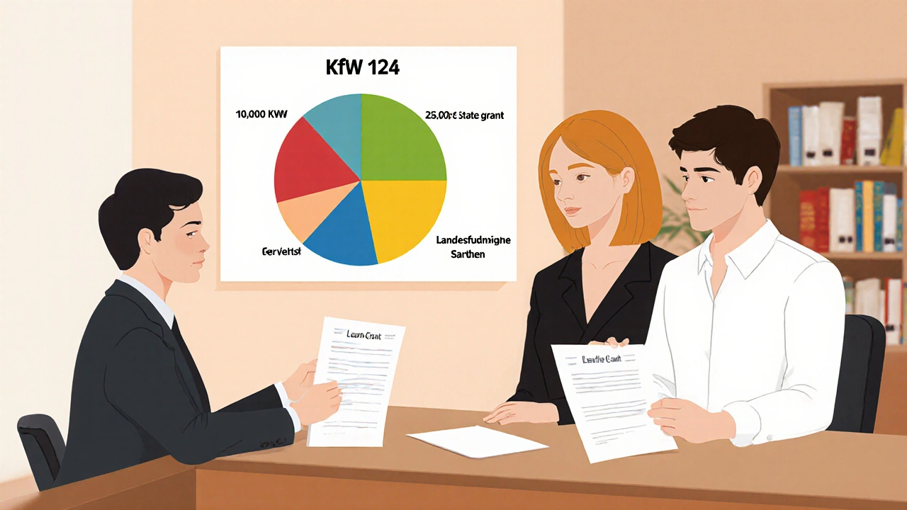Finanzberater hilft Paar bei Antrag auf Wohneigentumsförderung in einer Bank.